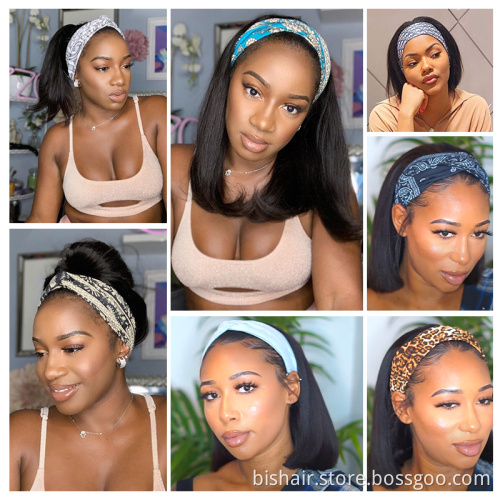 straight Bob Headband Human Hair Wigs For Black Women 150% Remy Brazilian Short Bob Head band Gluless Machine Made Scarf Wigs